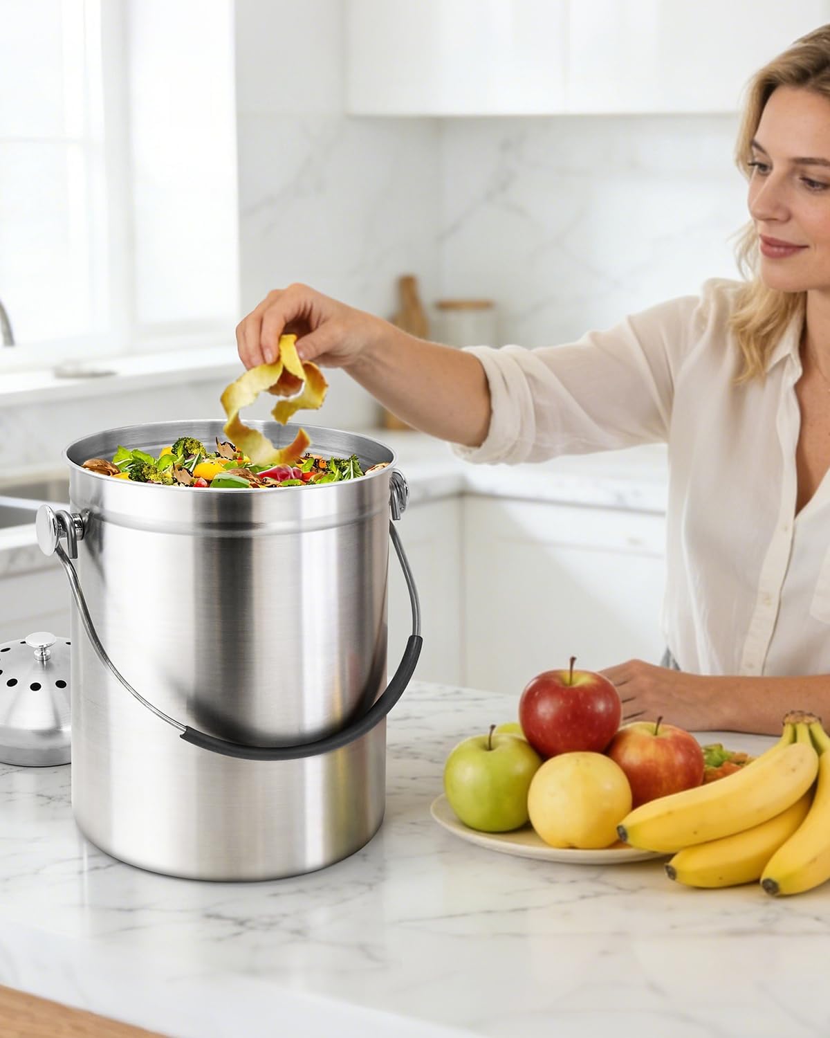 Countertop Compost Bin Kitchen Stainless Steel 1.3 Gallon | With Lid, 2 Charcoal Filter for Odorless Composting