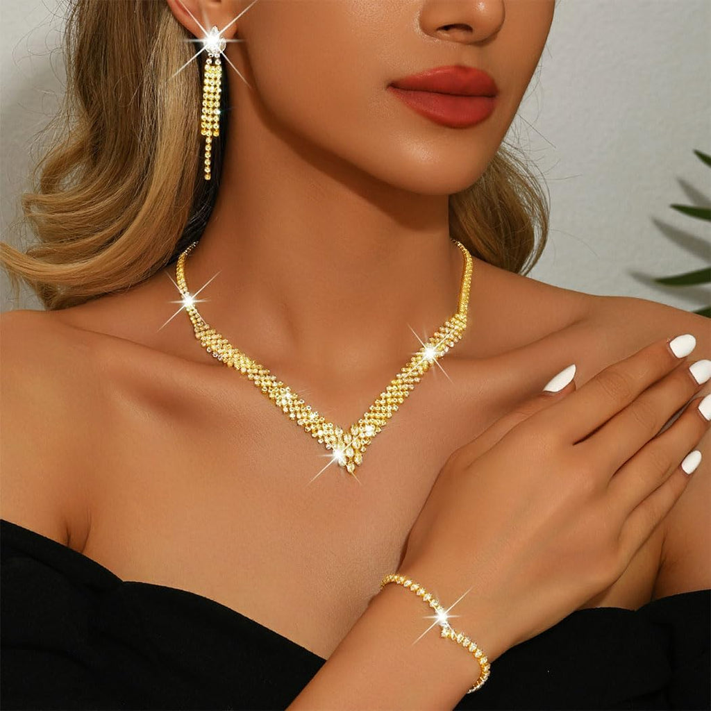 Rhinestone Bridal Jewelry Set Clip On Earrings Wedding Prom Jewelry Accessories for Women