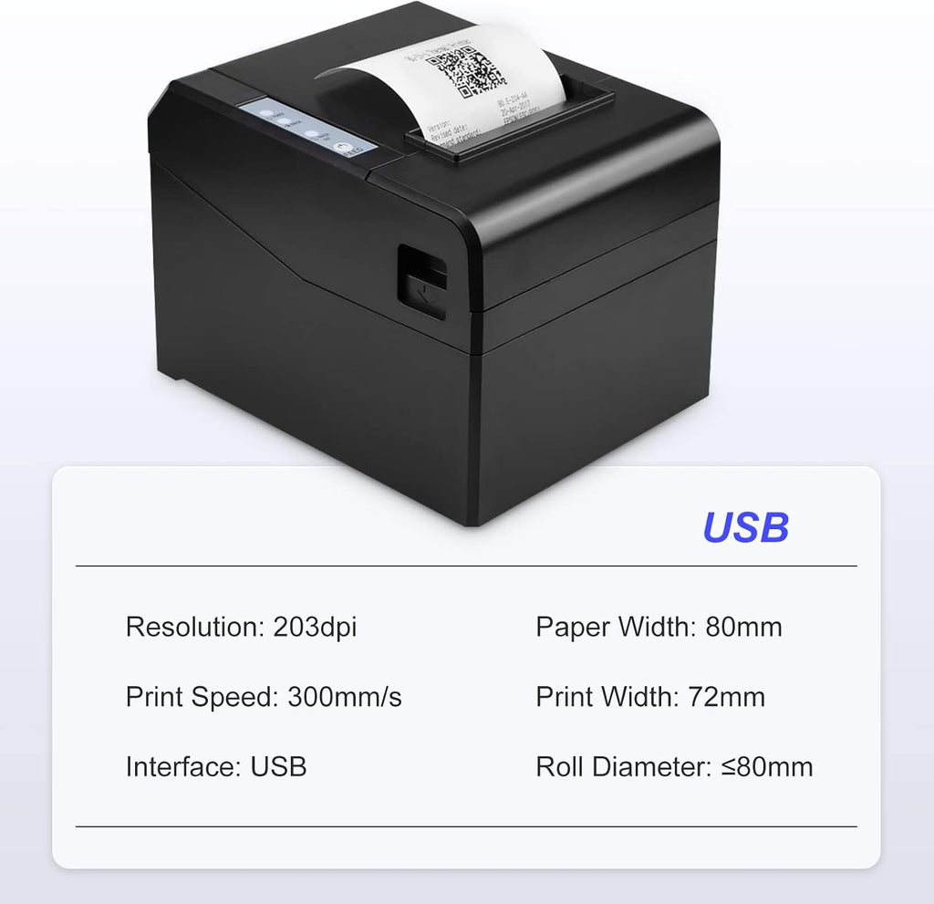 Thermal Receipt Printer 80mm Desktop Direct Thermal Printing USB Connection 300mm/s High Speed with Auto Cutter