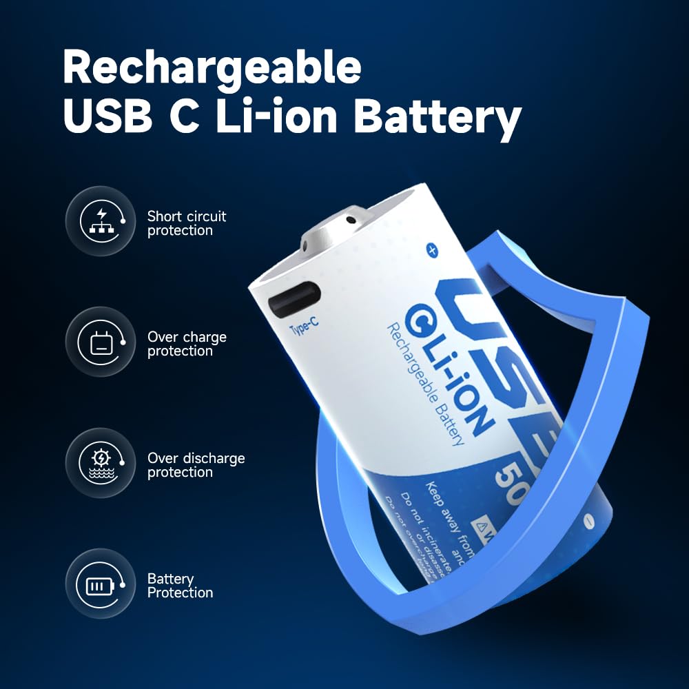 8 Pack 5000mWh Rechargeable Lithium C Batteries, with USB-C Cable