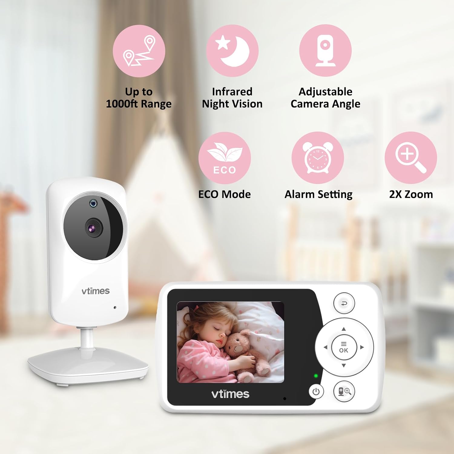 Baby Monitor with Camera and Audio, No WiFi, 2.4" LCD Screen, Two-Way Talk, Portable, Night Vision, 1000ft Range