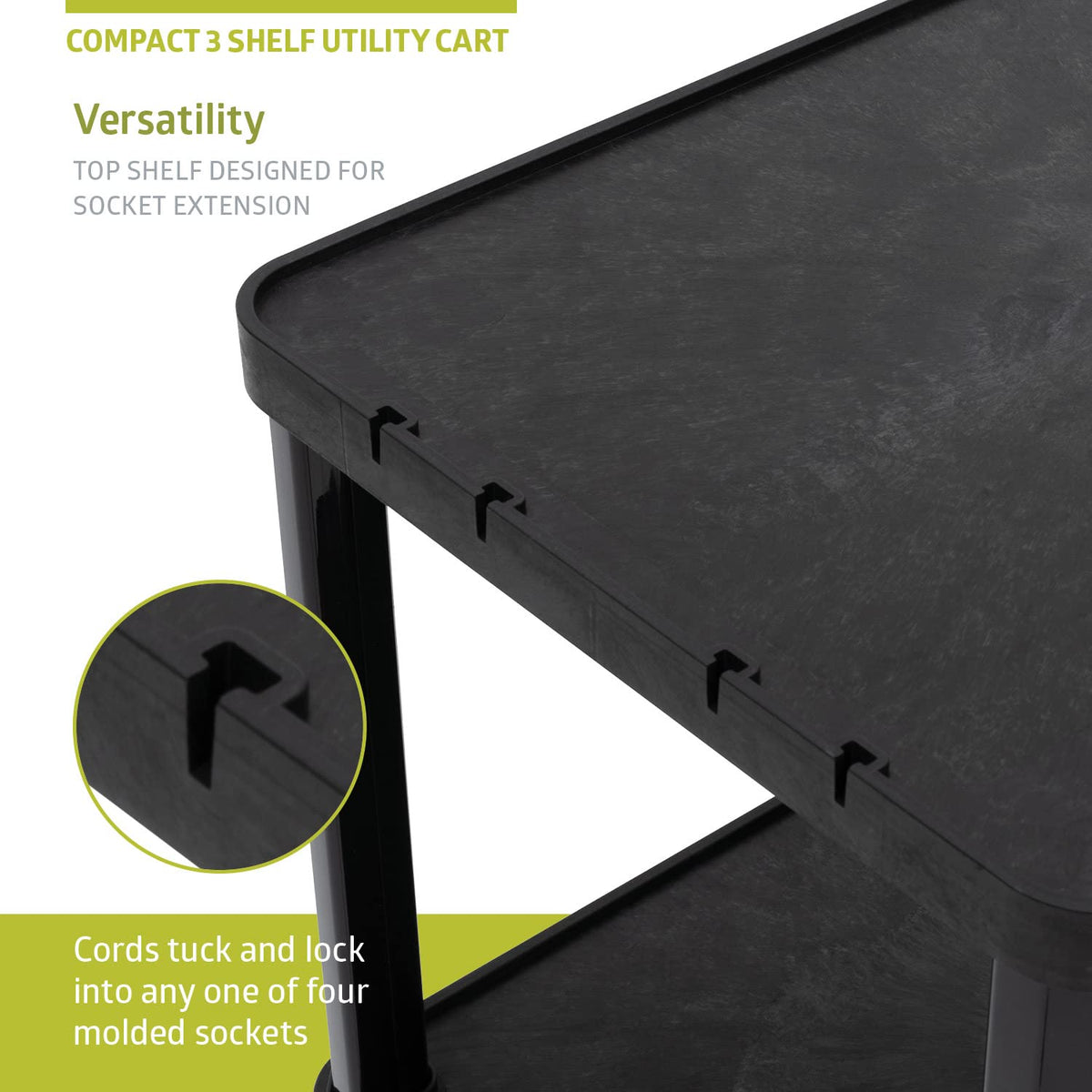 3-Tier Compact Multi-Purpose Plastic Utility Cart with Lockable Wheels up to 300LBS, Black