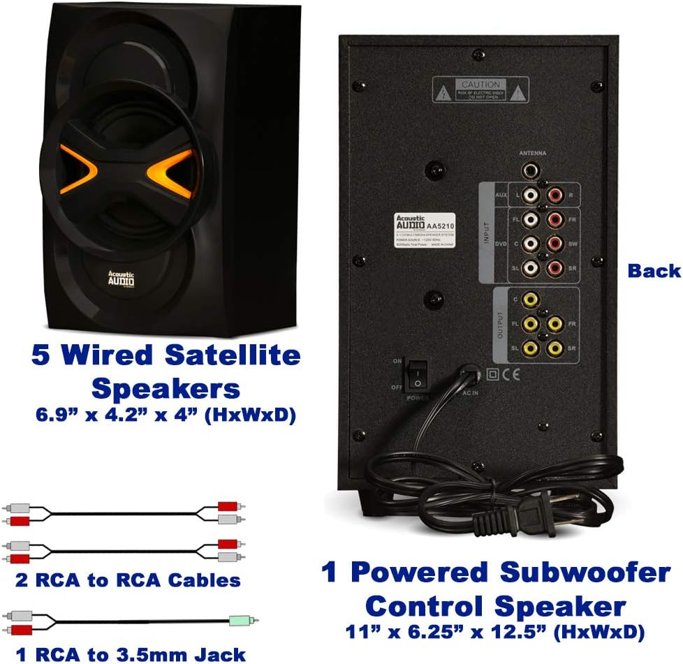 5.1 Speaker System 5.1-Channel with LED lights and Bluetooth Home Theater Speaker System, Black (AA5210)