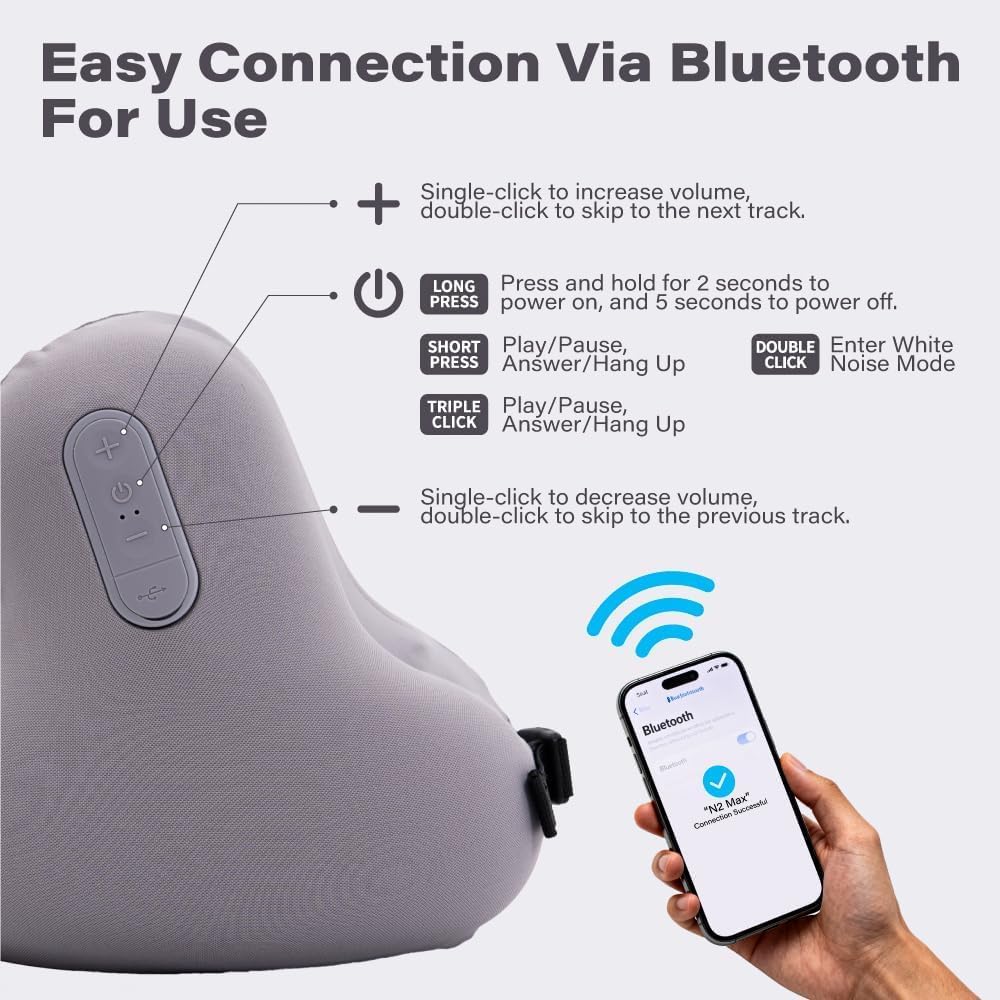 Neck Travel Pillows for Airplanes with Bluetooth, Premium Memory Foam Neck Pillow, Noise Reducing Travel Pillow for