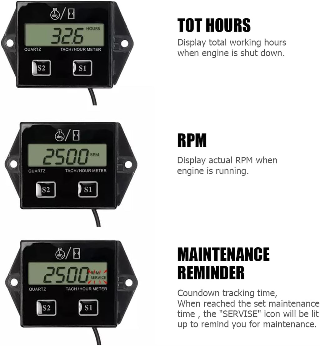 Moly Magnolia Small Engine Tachometer Hour Meter, 0-25000 RPM Inductive