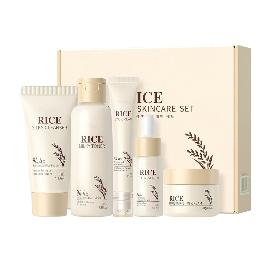 Moisturizing Korean Rice Skin Care Set – Radiance Skincare 5-Step Routine with Rice Cleanser, Toner, Serum, Face