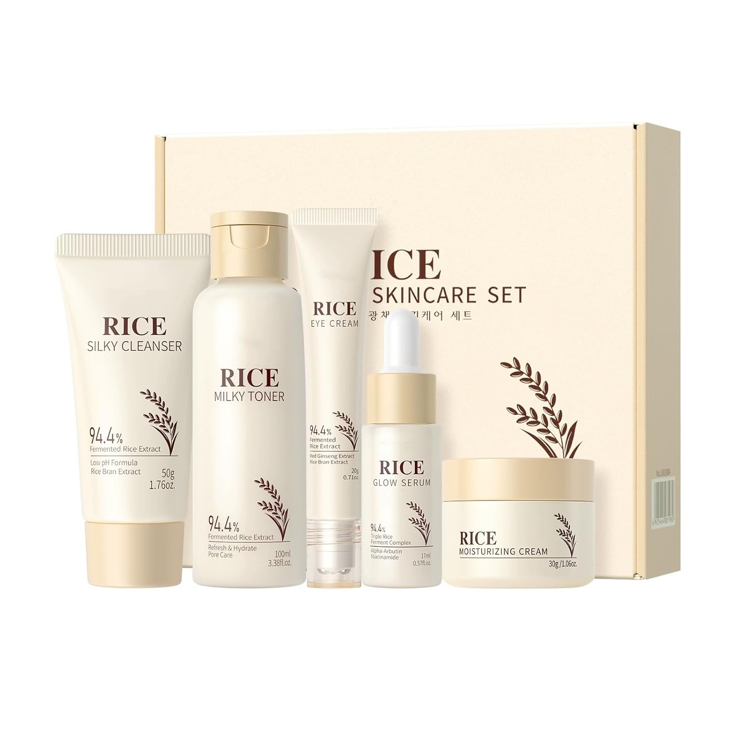Moisturizing Korean Rice Skin Care Set – Radiance Skincare 5-Step Routine with Rice Cleanser, Toner, Serum, Face