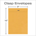 9 x 12 Clasp Envelopes, Clasp and Gummed Closures for Storing or Mailing, Extra Heavy-Duty 32 lb Kraft Paper, 100 per