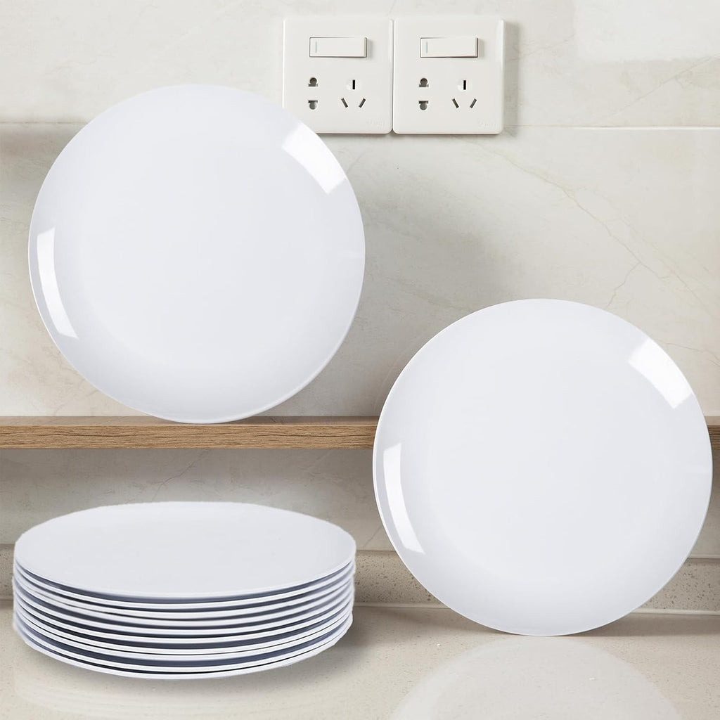 White Melamine Dinner Plates，12pcs Dishes Set，10“ Lightweight Round Plates