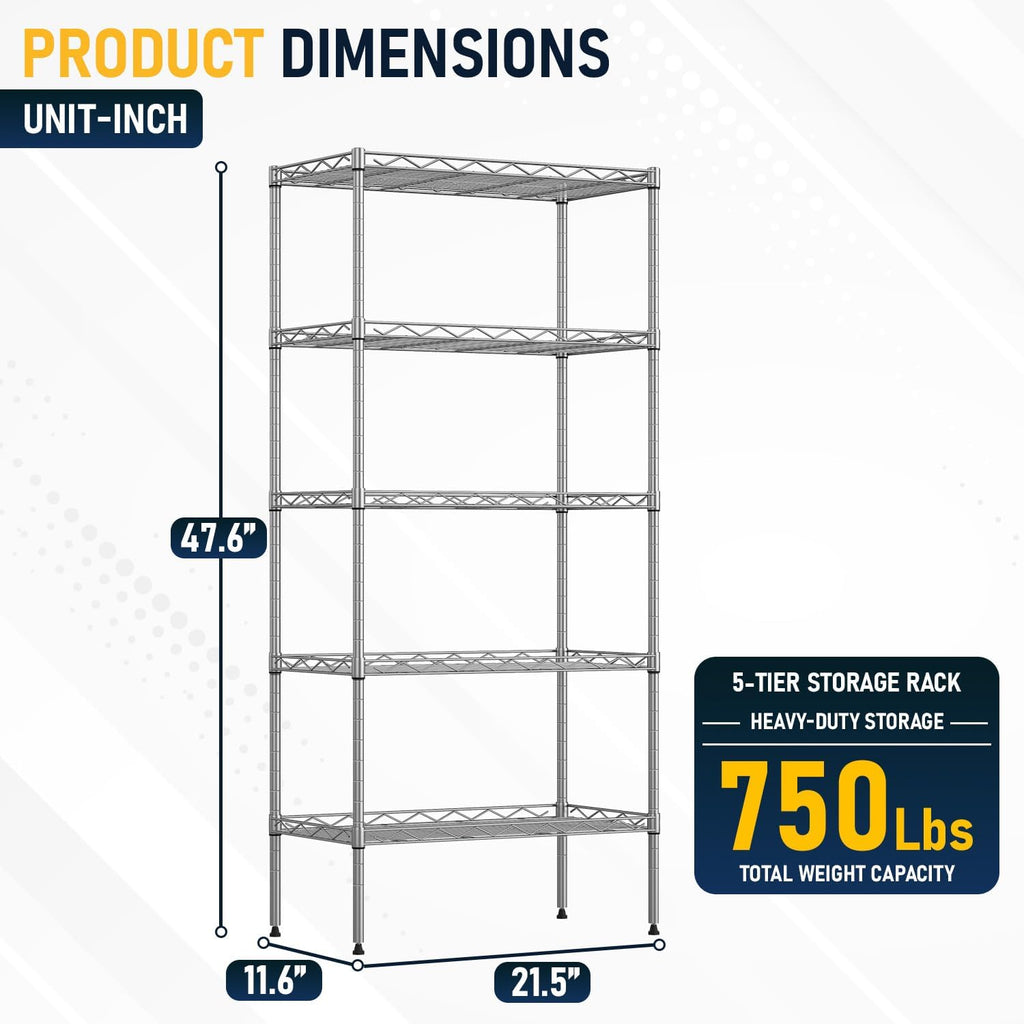 5-Tier Wire Shelf | 22" x 12" x 48" | Chrome