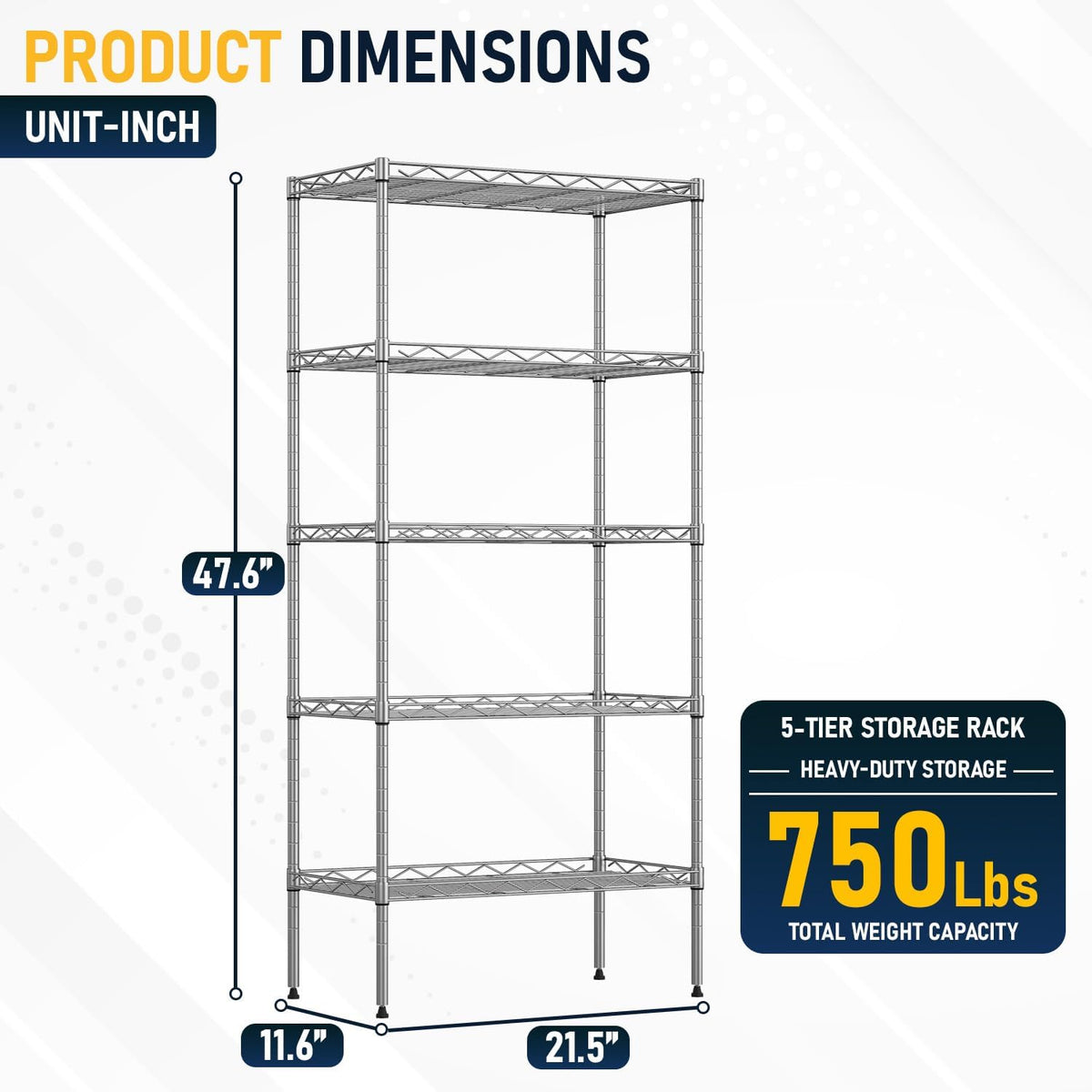 5-Tier Wire Shelf | 22" x 12" x 48" | Chrome