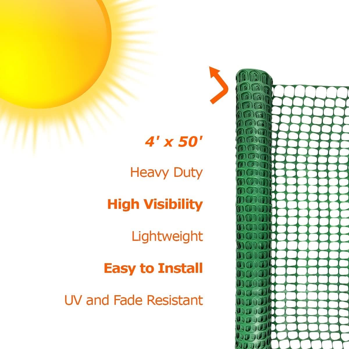 Ashman Plastic Mesh Fence, 4'x50' Feet, 1 Roll, Green, Construction Barrier Netting, Garden Fencing, Fences Wrap