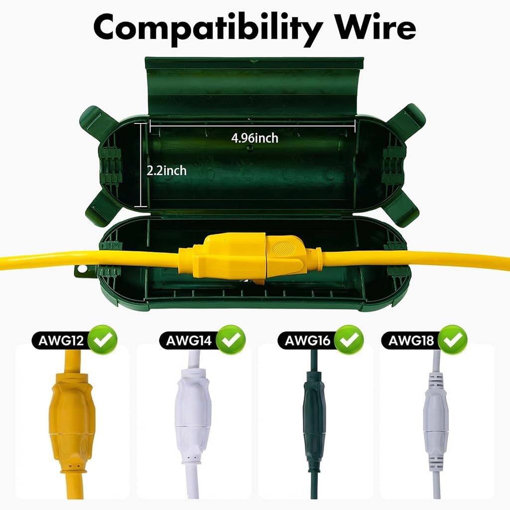 6 Pack Green Outdoor Extension Cord Cover IP44 Waterproof, Cord Protector Connector Electrical Safety Box to Protect