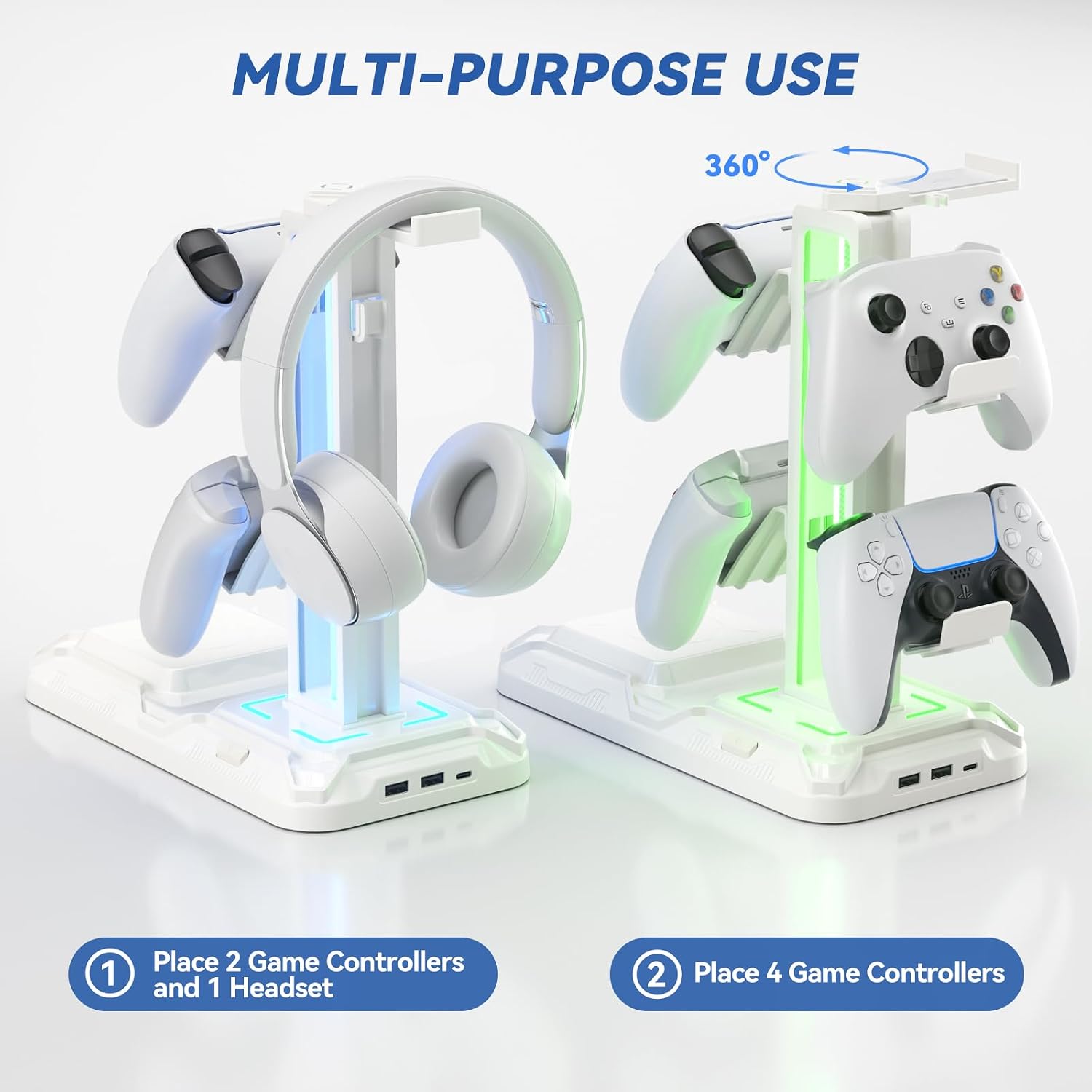 RGB Headphone & Controller Stand with Wireless Charging - Rotatable Headset Stand with 9 Light Modes - Controller