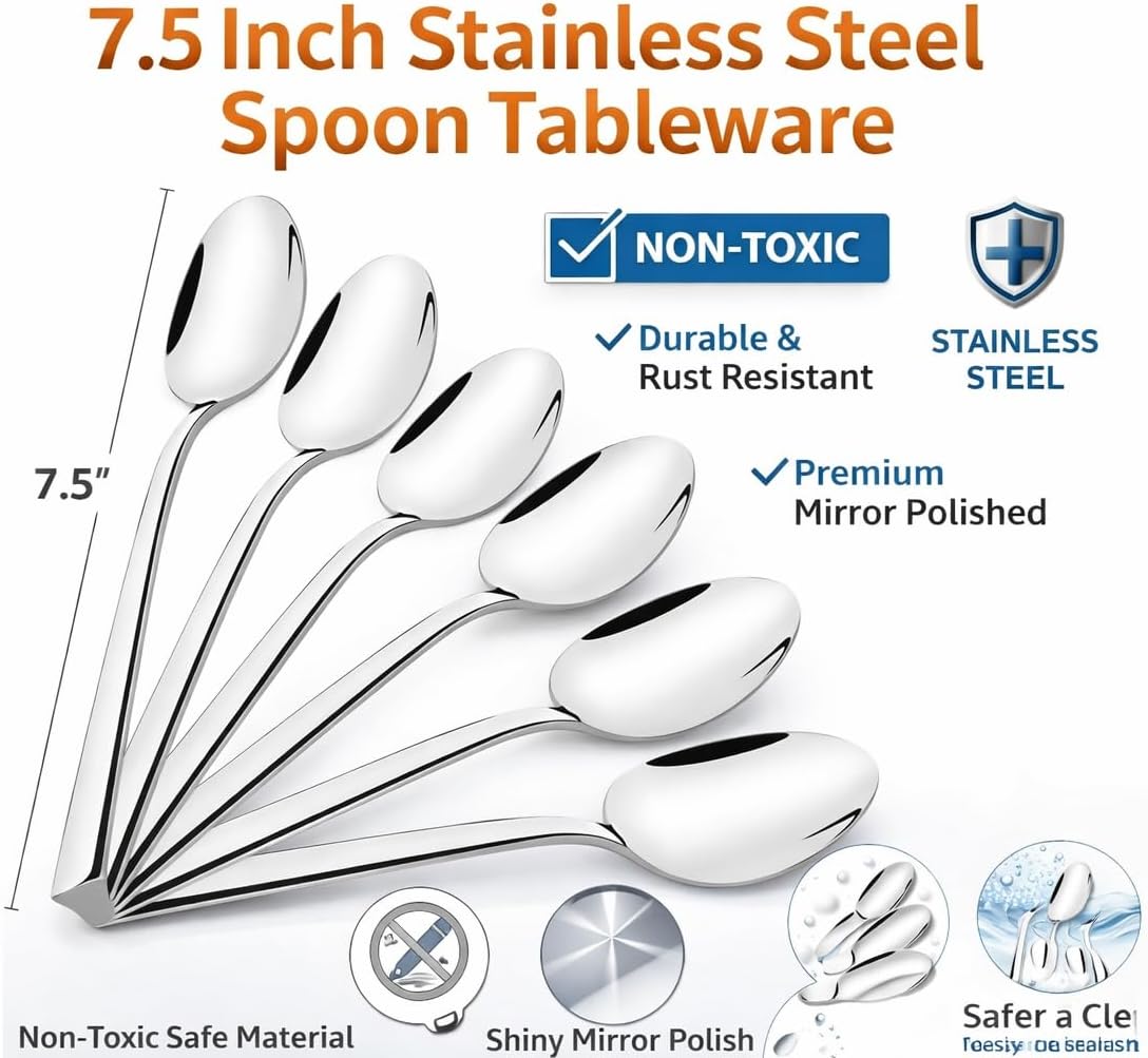 Dinner Spoon, 7.5 Inch Stainless Steel Soup Spoon for Home, Kitchen or Restaurant, Non-toxic & Mirror Polished