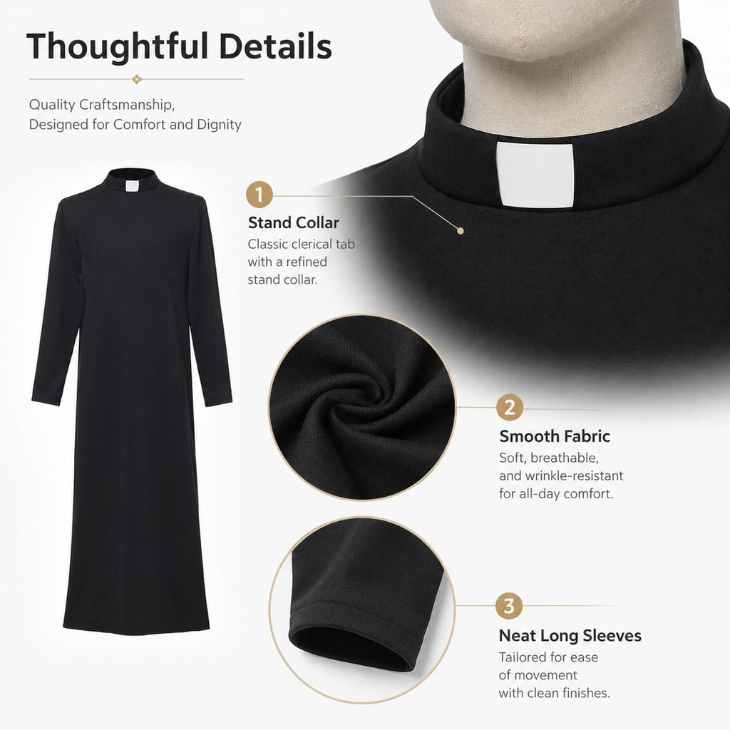 Unisex Cassocks Pulpit Robes Clergy Vestments Pastor Bishop Costume with Tab Insert Collar