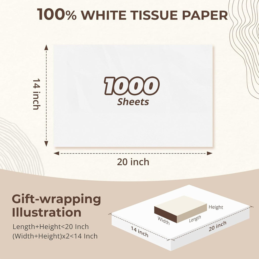 1000 Sheets 14x20 White Tissue Paper Bulk for Gift Bags
