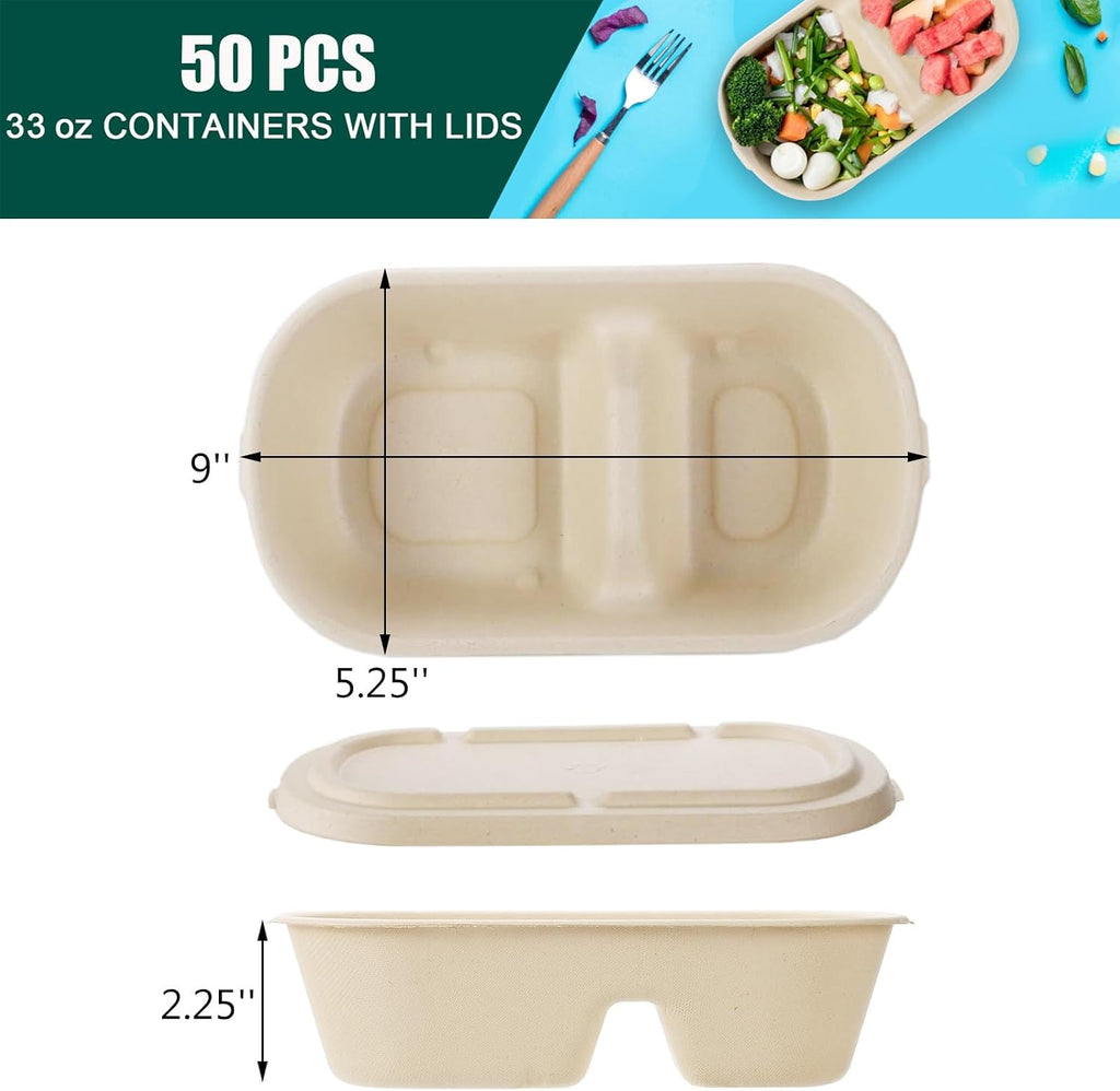 50 Pcs Compostable Take Out Food Containers with Lid, 33 oz Bagasse to Go Container 2 Compartment Rectangular