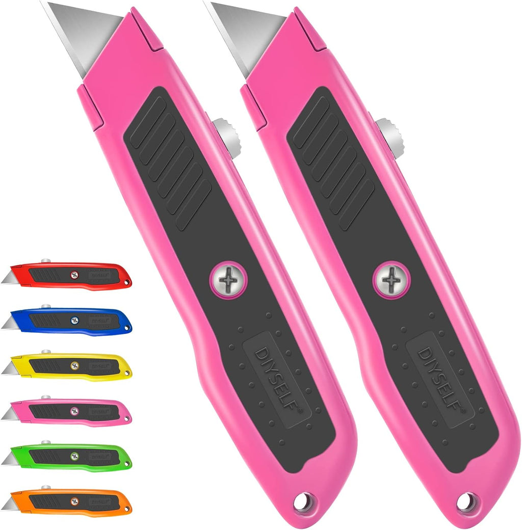 2 Pack Box Cutter Retractable, Heavy-Duty Utility Knife, Metal Body