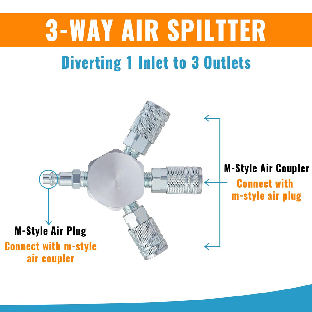 SUNGATOR 3 Way Air Hose Splitter, 1/4 Inch Air Hose Fitting, Silver