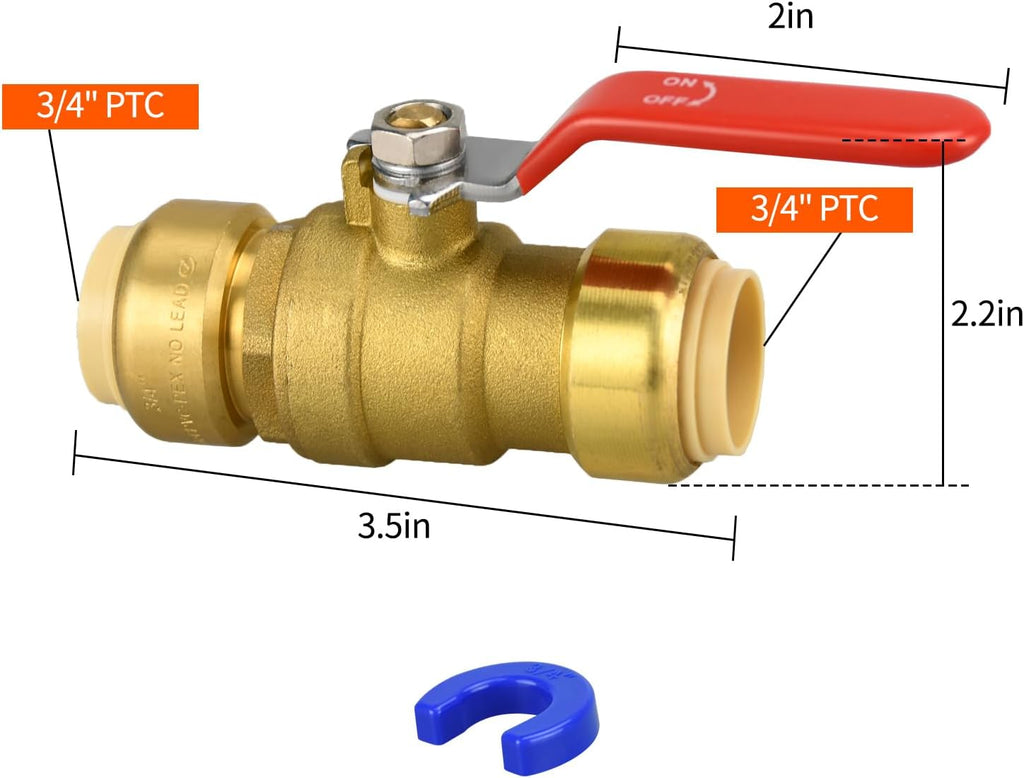 3/4" Push Fit Ball Valve with Disconnect Clip, Push-Fit Shut Off Valve