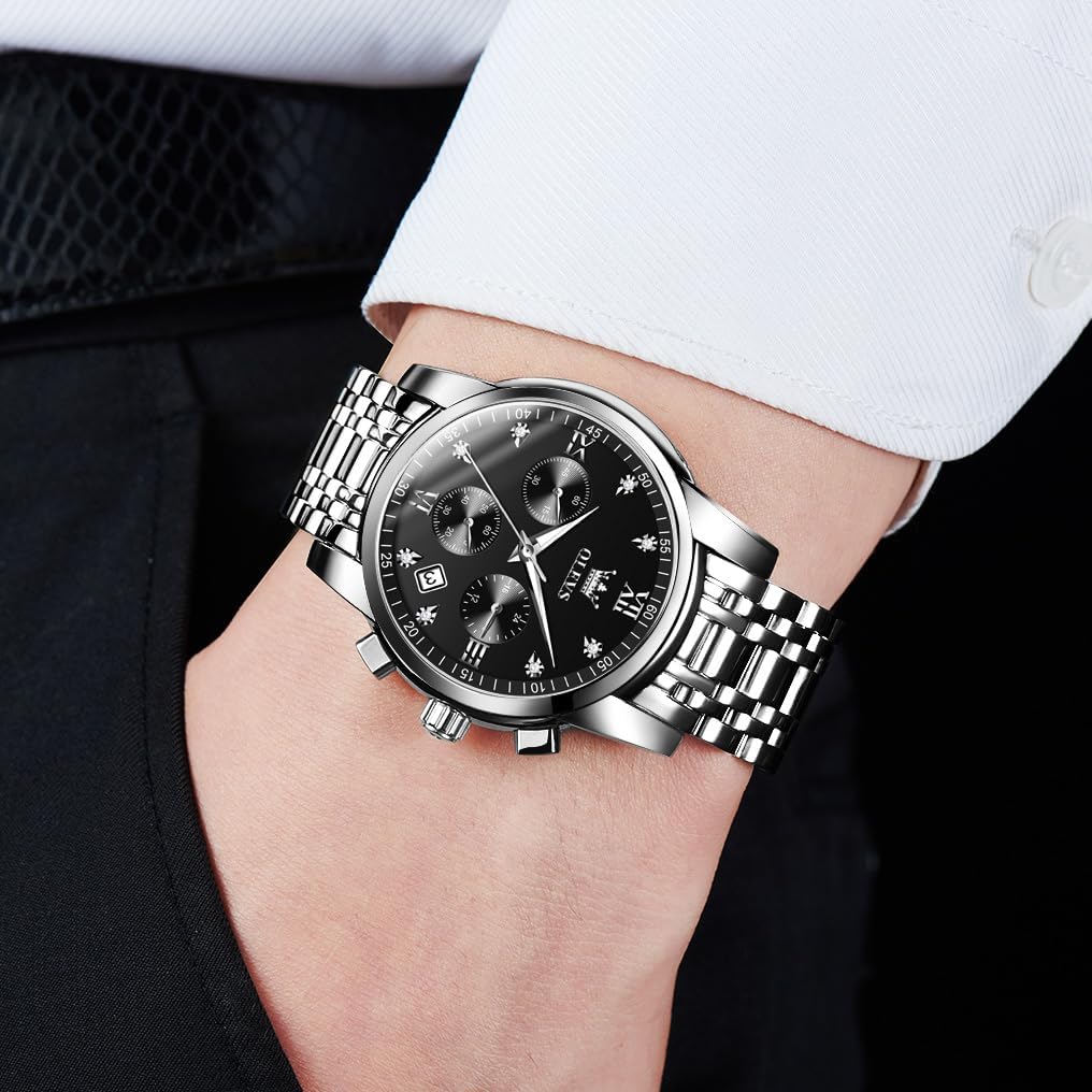 Men's Stainless Steel Chronograph Watch, Big Face Gold Silver Black Tone Easy to Read Analog Quartz Watch, Luxury