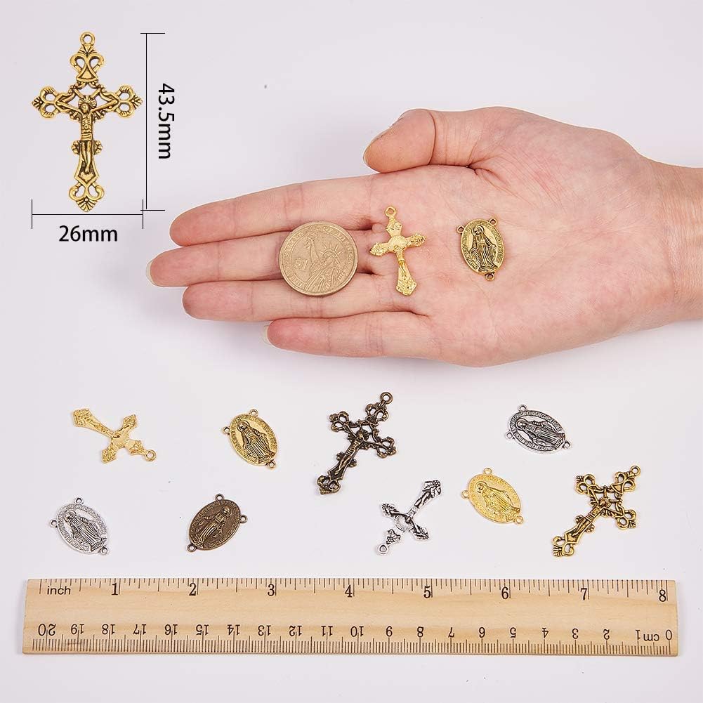 Tibetan Style Rosary Cross Charms and Center Miraculous Medal Easter Vintage Cross Crucifix Pendants Oval Chandelier