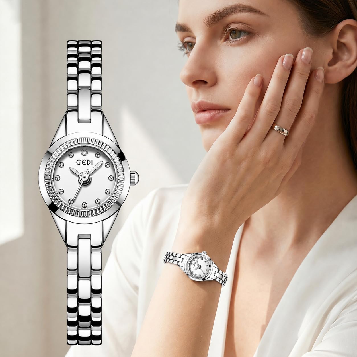 Women's Small Bracelet Watch, 17mm Crystal Dial Stainless Steel Band | 17mm petite dial, stainless steel bracelet