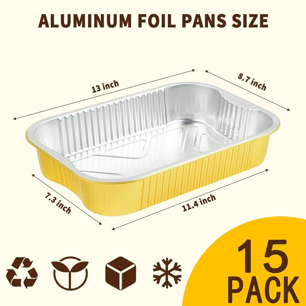 15-Pack 9x13 Gold Aluminum Pans with Lids | Heavy Duty Half Size Baking Pan