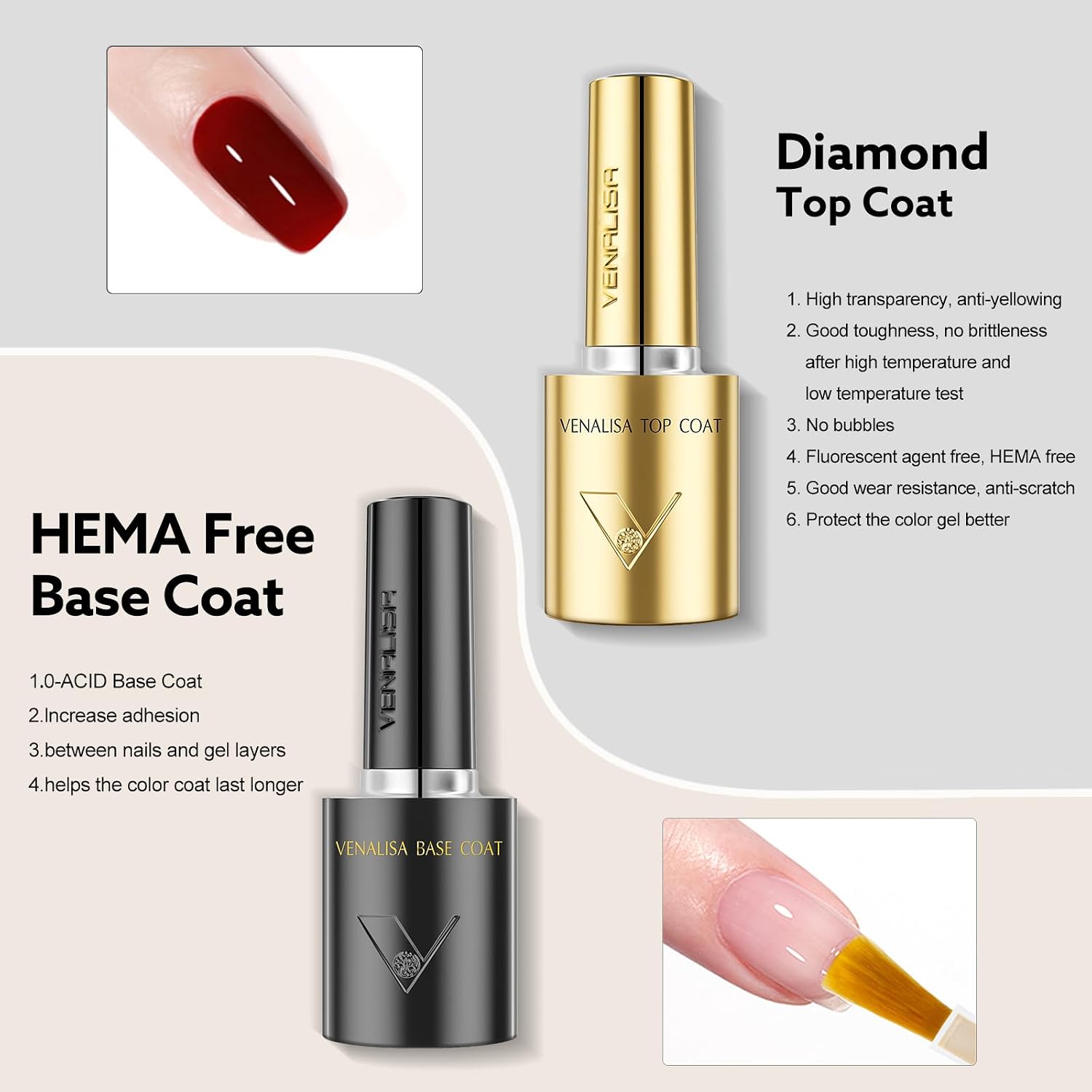 VENALISA No Wipe Gel Top Coat and Base Coat Set 2 Pcs 10ML for Gel Polish