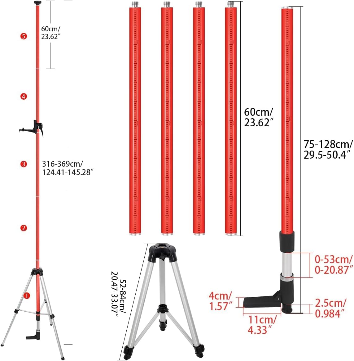 12 Ft./3.7M Telescoping Laser Level Pole, Adjustable Laser Pole with Tripod, 1/4"-20 and 5/8"-11 Threaded Adapter of
