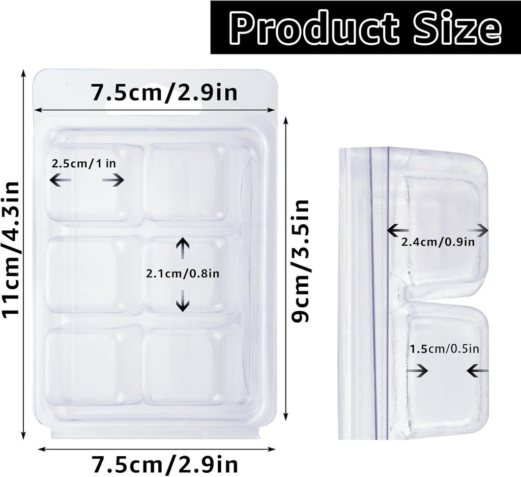 Wax Melt Containers 150PCS, 6 Cavity Square Wax Melt Clamshell | Plastic, Clear, Empty Wax Melt Molds, 6 Cavity, Bulk