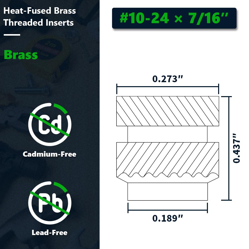 #10-24 Brass Threaded Inserts (50-Pack), Heat Set Knurled Nuts for 3D Printing & Plastics, 7/16" Height, Female Threaded Brass Inserts