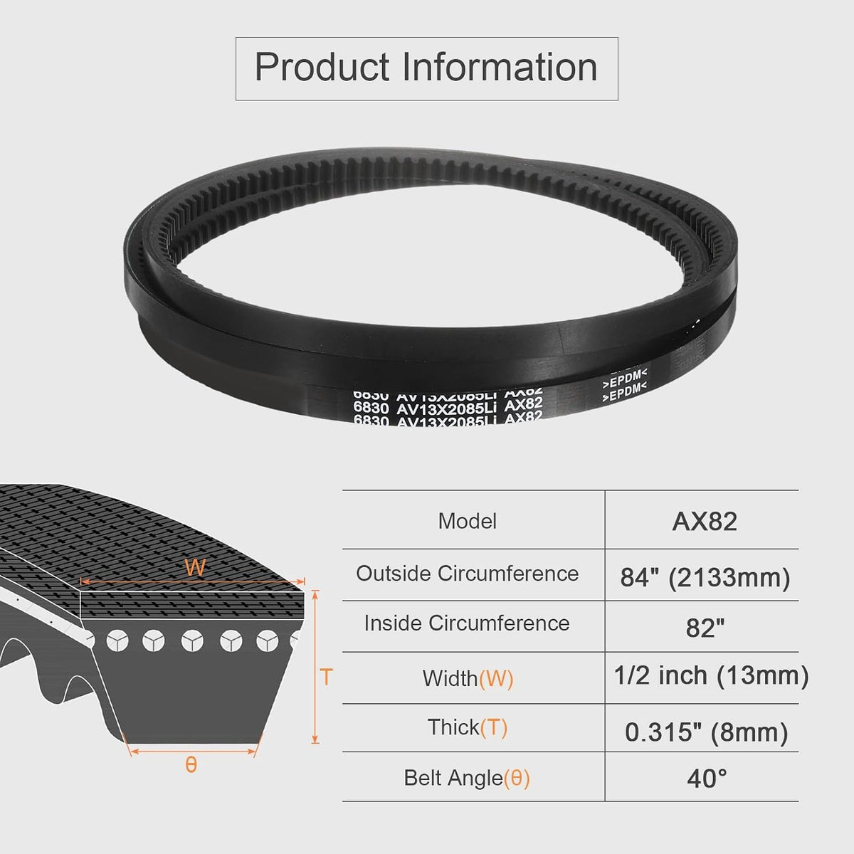 uxcell AX82 EPDM V-Belt, Raw Edge Cogged Industrial Rubber V Belt 1/2" Width x 82" Inside Circumference