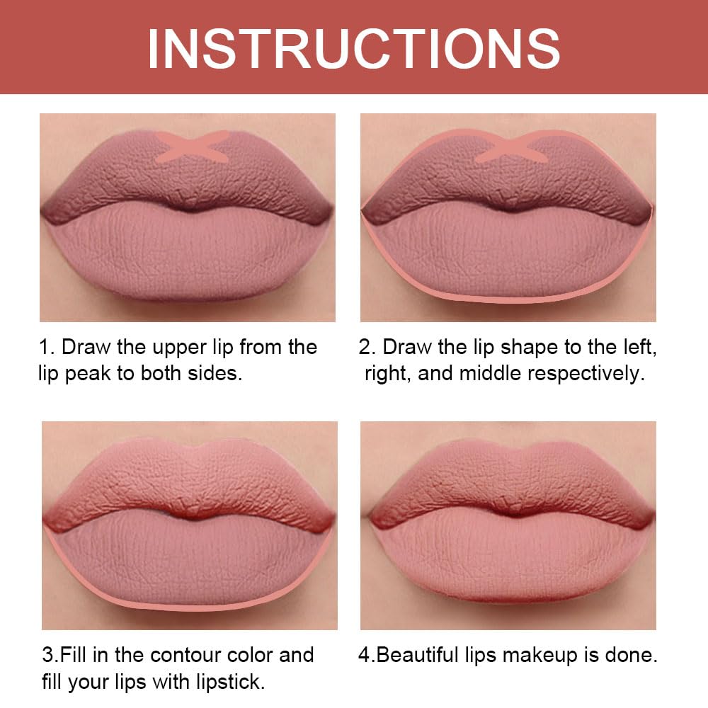 2-in-1 Peach Lip Liner & Lipstick Set Kit for Women, Matte Lips Kit with Lip Liner Lip Stains Long Lasting Waterproof