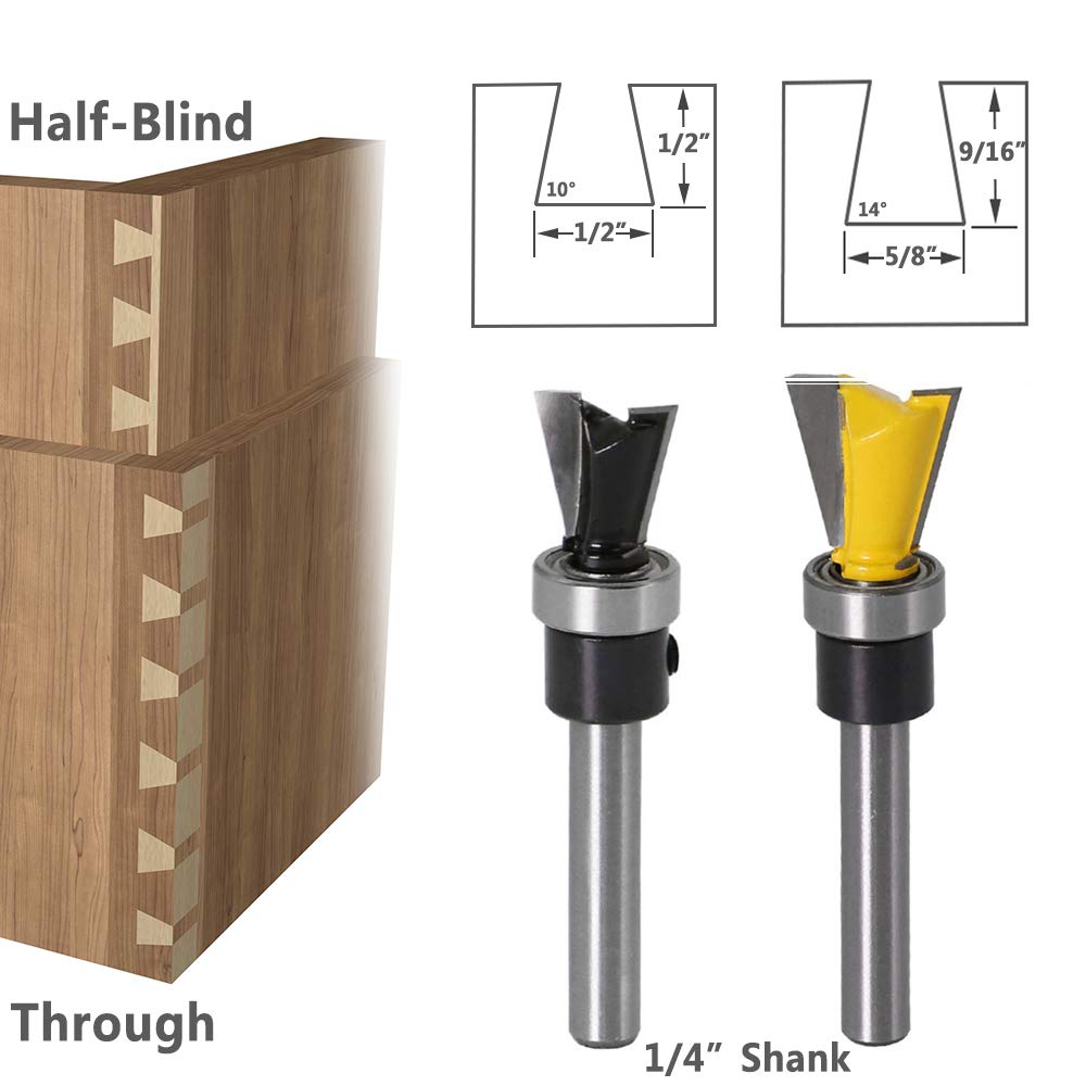 2Pcs 1/4 Inch Shank Dovetail Joint Router Bits with Bearing Guide Dovetail Jig Bit for Furniture Building Cabinet