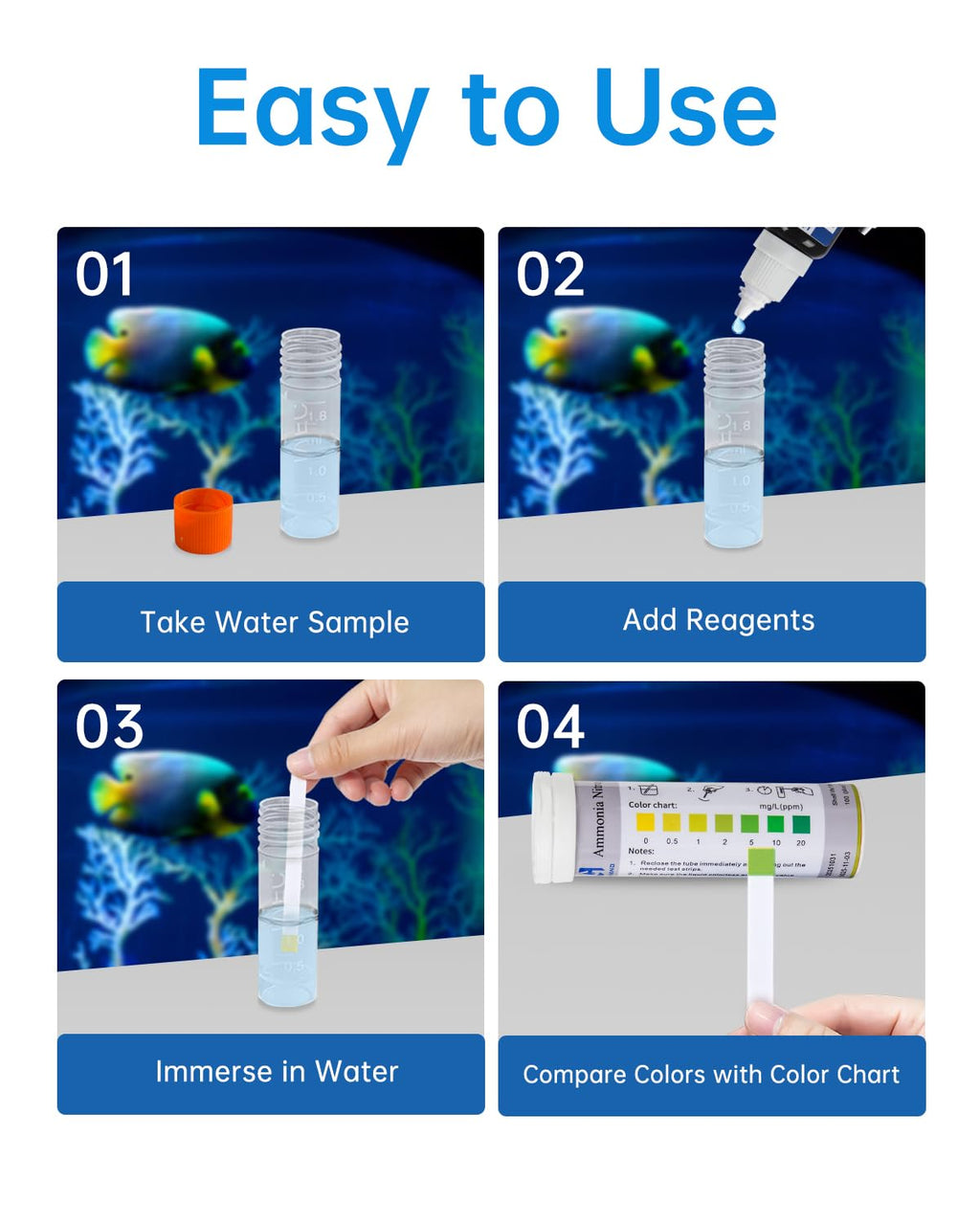Aquarium Ammonia Nitrogen Test Strips, 100 Strips, 0-20 ppm Range | Accurate Readings, Professional Aquarium Test