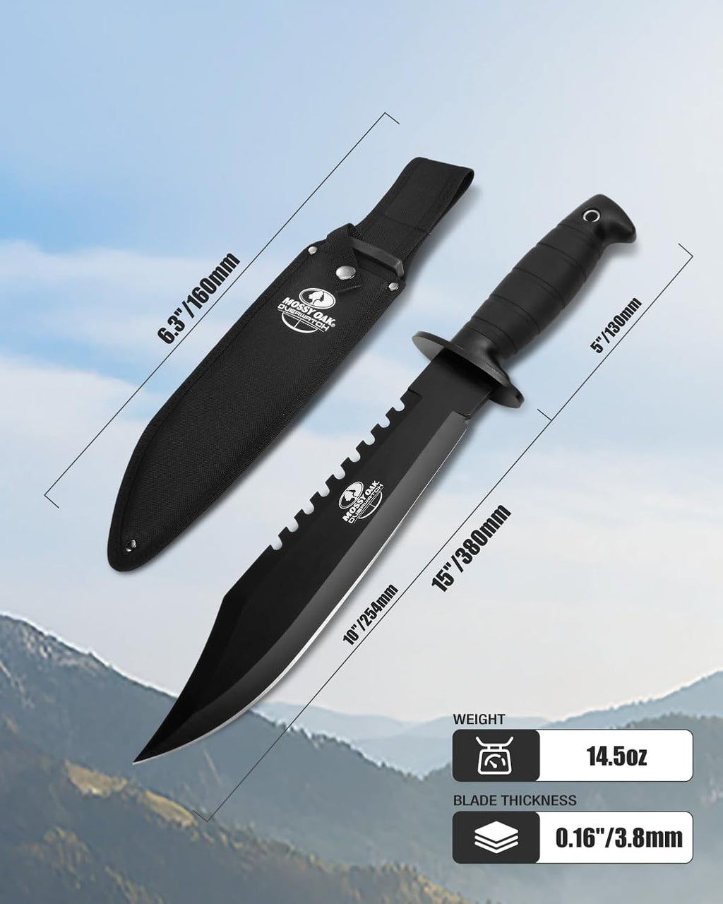 15-inch Survival Knife with Sharpener and Fire Starter | Fixed Blade Hunting Bowie Knife for Camping, Tactical, Outdoor