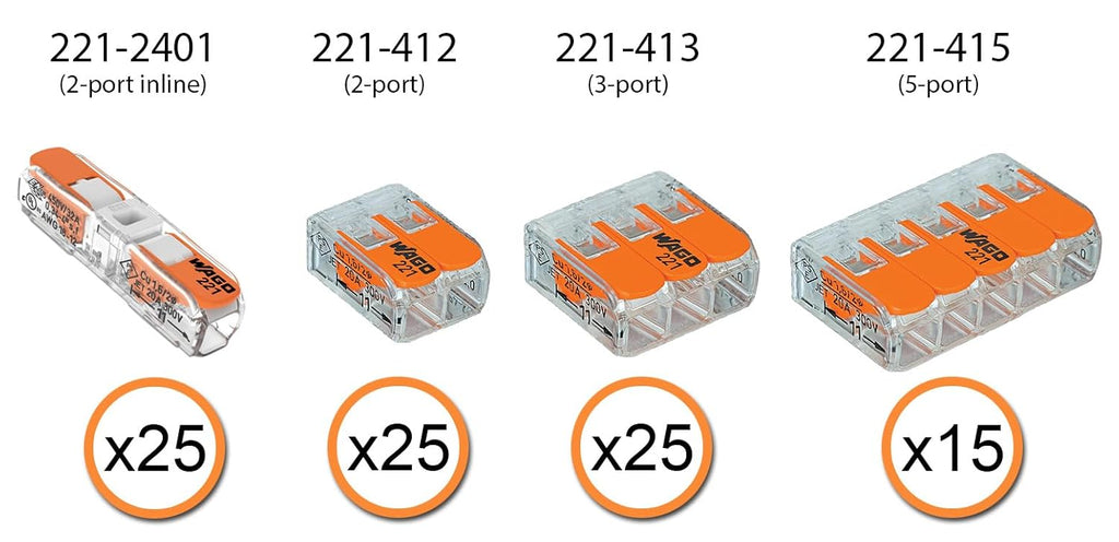 WAGO 221 Lever Nuts 90pc Compact Splicing Wire Connector Assortment with Case. Includes 221-2401, 221-412, 221-413