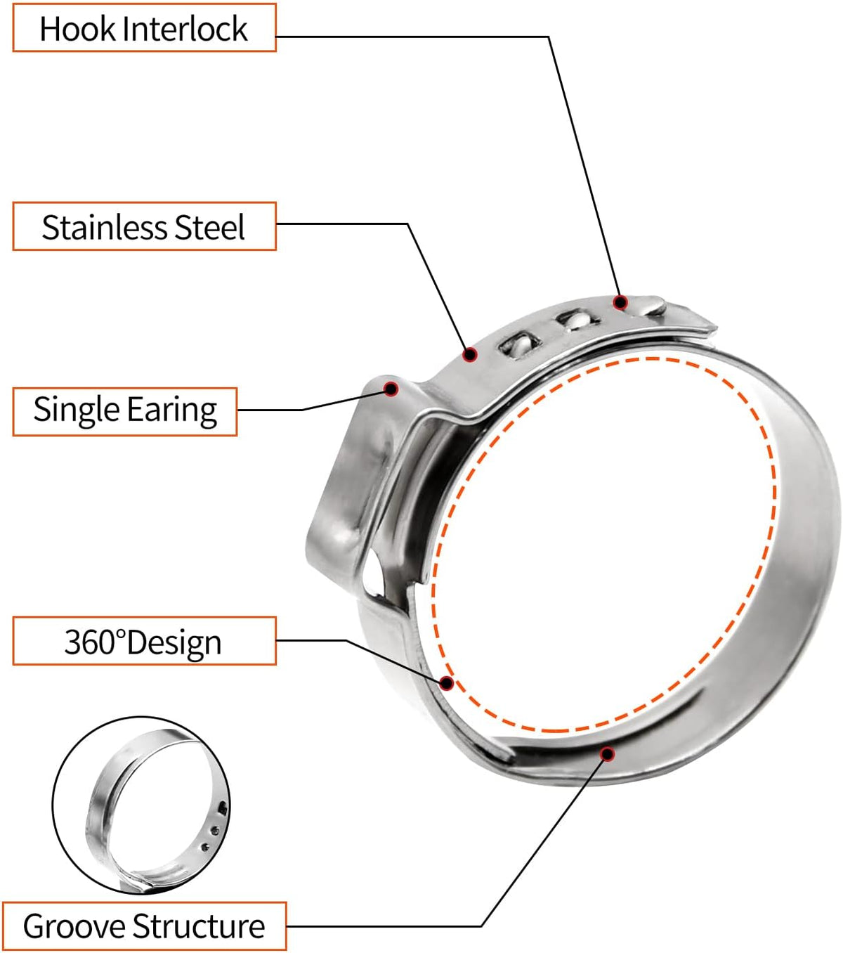 200 Pack 1/2" PEX Cinch Clamps, Stainless Steel Single Ear Hose Clamps