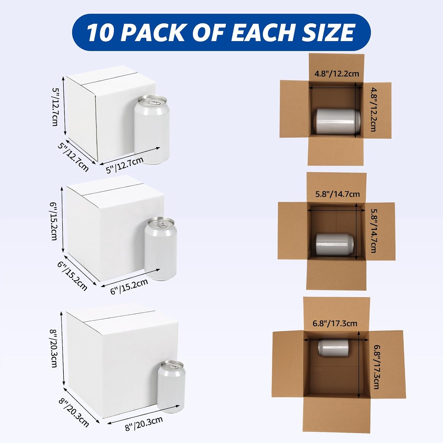 Assorted Sizes Shipping Boxes 30 Pack (8x8x8, 6x6x6, 5x5x5), White Corrugated Cardboard Mailers, Each 10 PCS Small