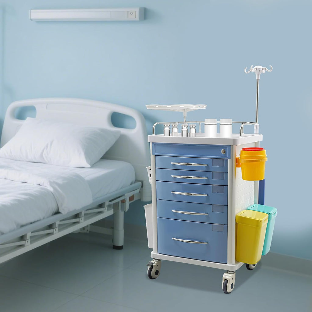 5-Tier Medical Cart, Rolling Medical Storage Crash Cart with Adjustable IV Pole and Trash Bin & O2 Holder, Mobile