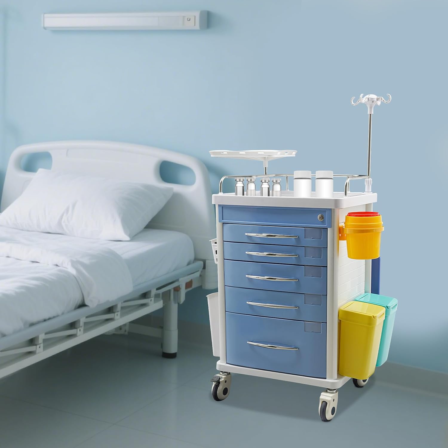 5-Tier Medical Cart, Rolling Medical Storage Crash Cart with Adjustable IV Pole and Trash Bin & O2 Holder, Mobile