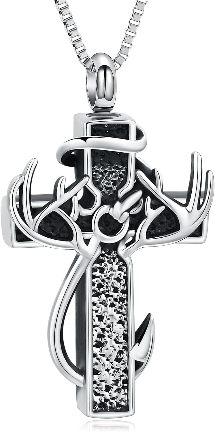 Cross Cremation Jewelry Urn Necklace for Human Ashes Fish Hook Memorial Urn Pendant Deer Antler Cross Ashes Holder