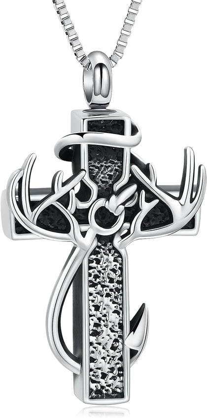 Cross Cremation Jewelry Urn Necklace for Human Ashes Fish Hook Memorial Urn Pendant Deer Antler Cross Ashes Holder