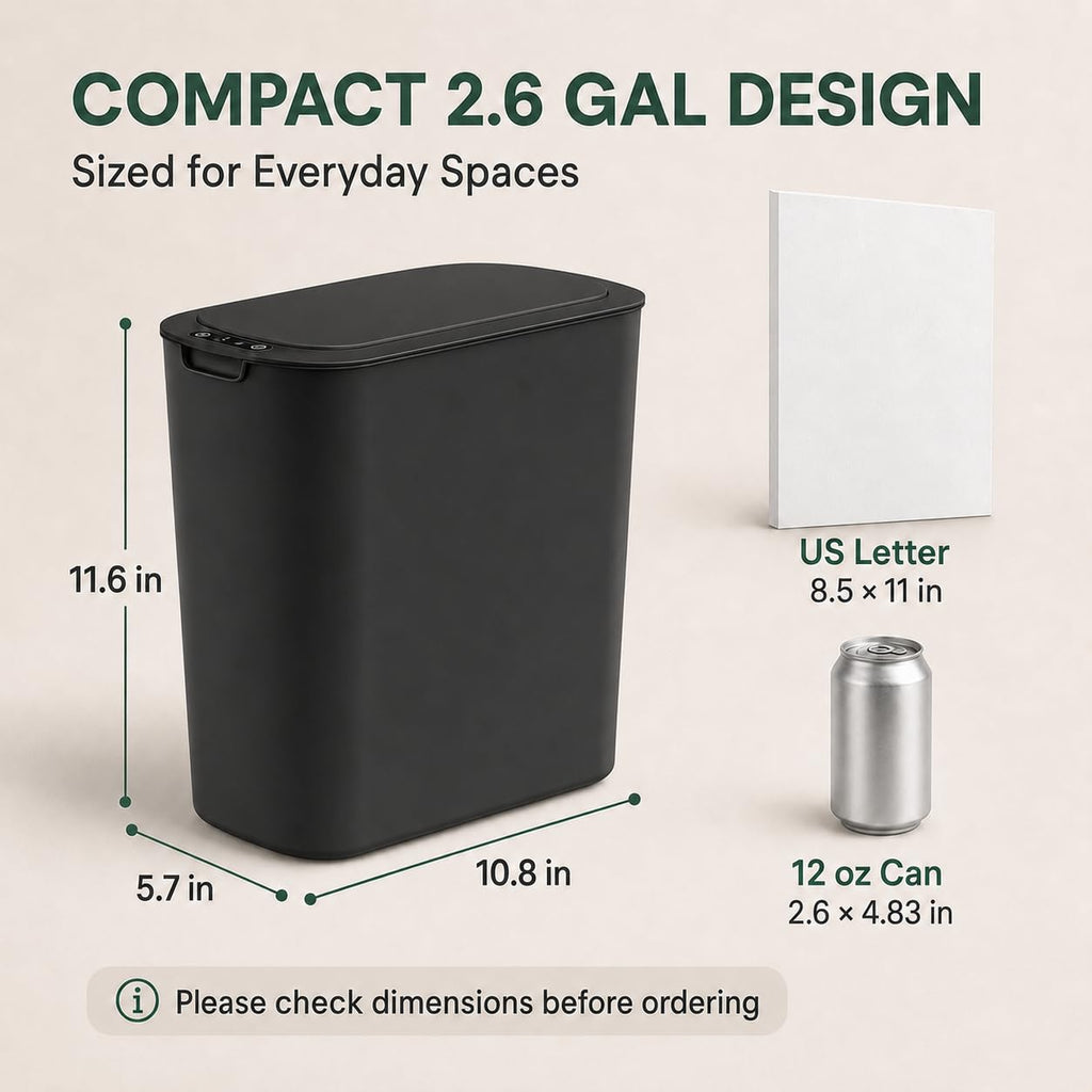 Automatic Motion Sensor Bathroom Trash Can with Lid, 2.6 Gallon Touchless Trash Bin, Smart Garbage Can Plastic Slim
