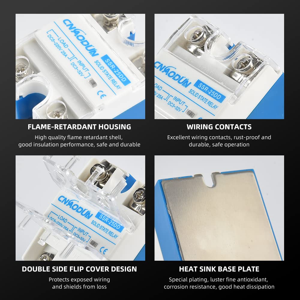 CNAODUN Solid State Relay SSR-25DD with Heat Sink DC to DC 25A Input 3-32VDC to Output 5-220VDC Single Phase