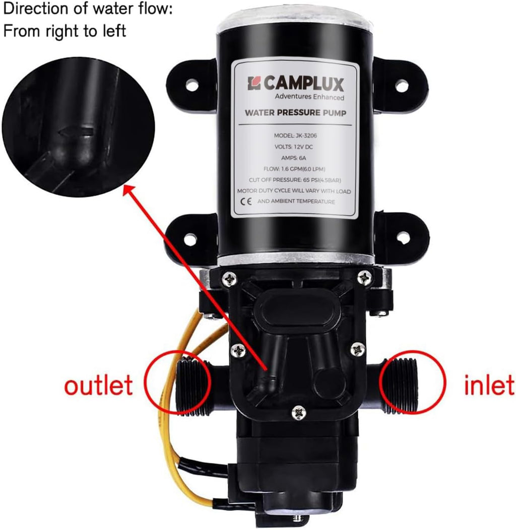 CAMPLUX DC 12V Water Pump, Self-Priming, 1.6 GPM Diaphragm Pump 65 PSI for RV Marine Yacht Camping