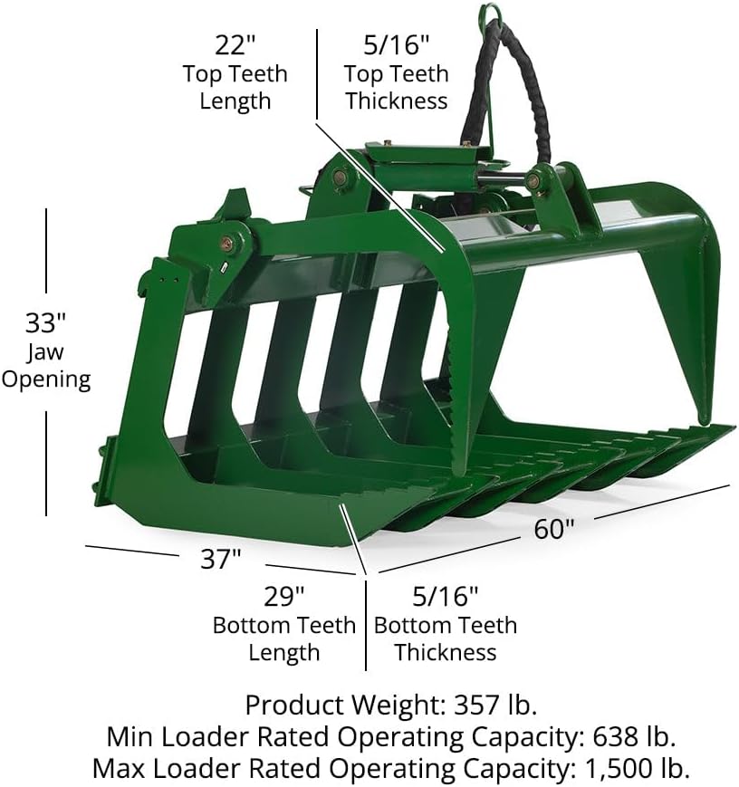 48" Grade 50 Economy Series Root Grapple Bucket Fits John Deere Hook and Pin Connection, Single Cylinder Hydraulic