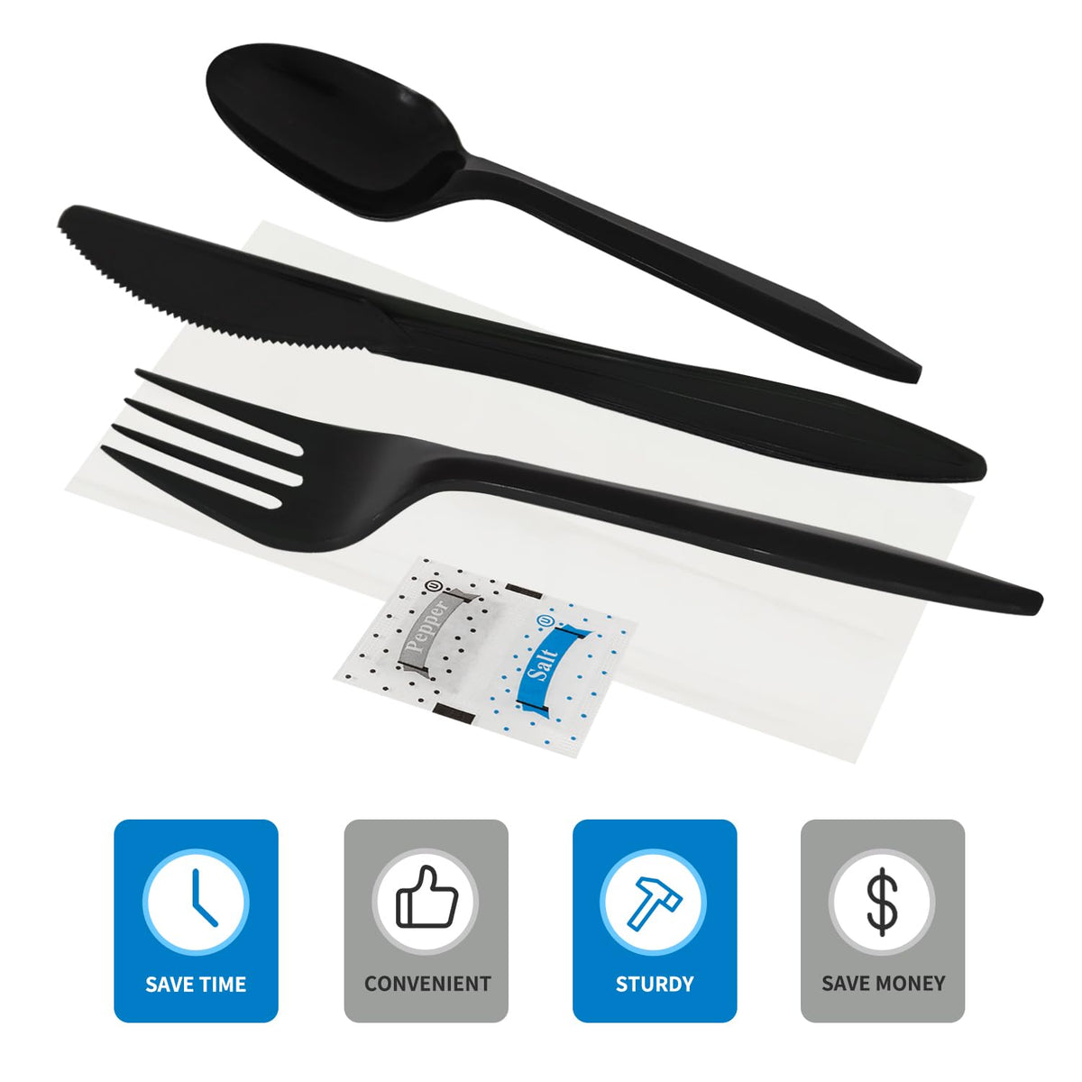 Knife Fork Spoon Napkin Salt Pepper Sets, Individually Wrapped Black Plastic Cutlery Packets for Delivery